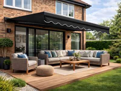 3.95x2.5m Black Fabric Manual Crank Semi-Cassette Sunshade Awning