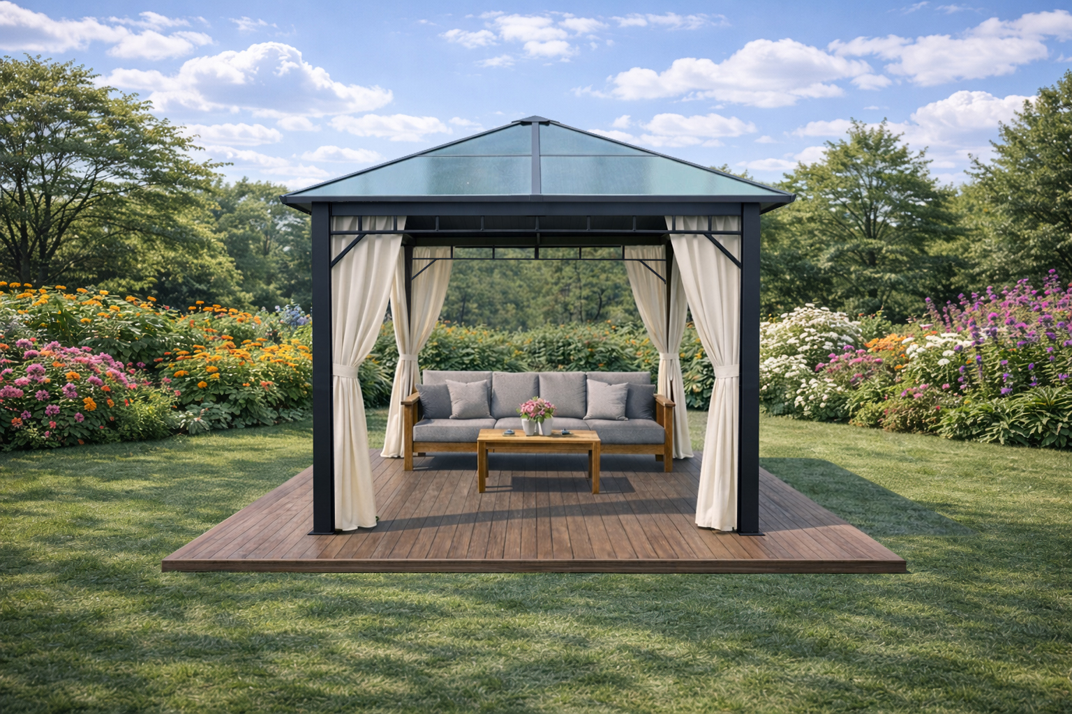 3x3m Garden Gazebo Polycarbona roof Black frame, with Baige curtain (1)