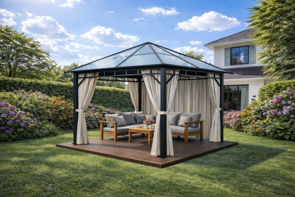 3x3m Garden Gazebo Polycarbona roof Black frame, with Baige curtain (2) 3x3m Garden Gazebo Polycarbona roof Black frame, with Baige curtain (2)