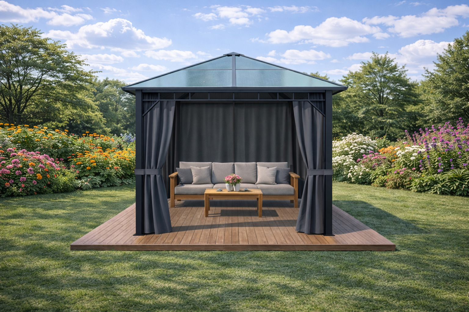 3x3m Garden Gazebo Polycarbona roof Black frame, with Grey curtain (1)