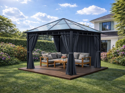 3x3m Garden Gazebo Polycarbonate Roof with a Black Frame and Grey Curtain
