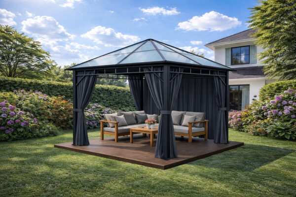 3x3m Garden Gazebo Polycarbona roof Black frame, with Grey curtain (2) 3x3m Garden Gazebo Polycarbona roof Black frame, with Grey curtain (2)