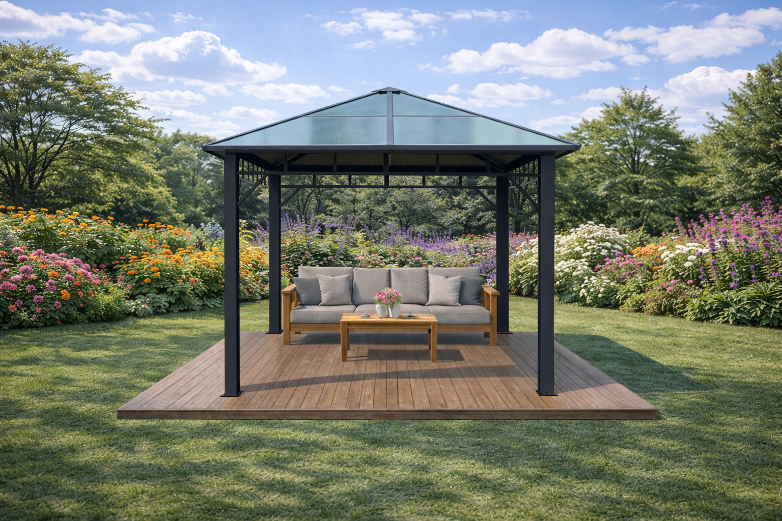 3x3m Garden Gazebo Polycarbonate roof Black frame (1) 3x3m Garden Gazebo Polycarbonate roof Black frame (1)