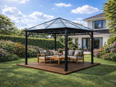 3x3m Garden Gazebo Polycarbonate Roof with a Black Frame