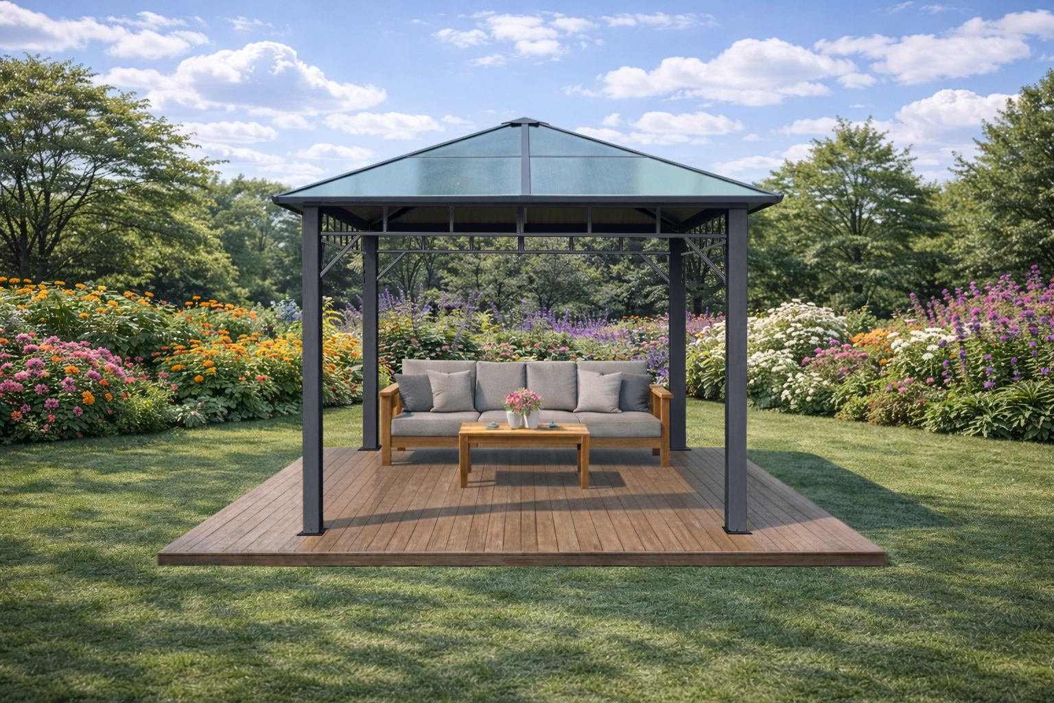 3x3m Garden Gazebo Polycarbonate roof Grey frame (1)