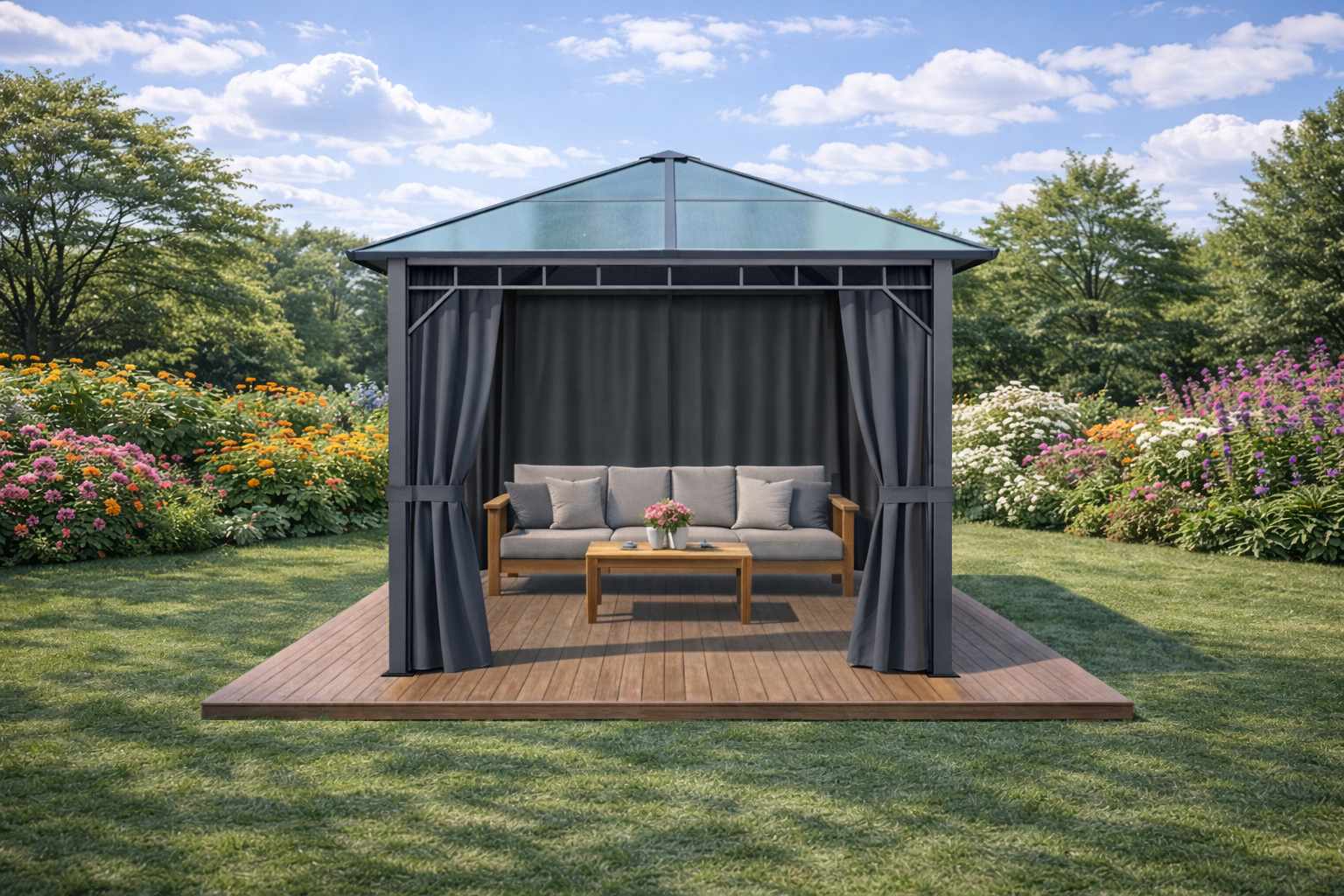 3x3m Garden Gazebo Polycarbonate roof Grey frame, with Grey curtain (1)