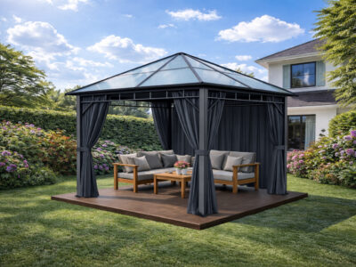 3x3m Garden Gazebo Polycarbonate Roof with a Grey Frame and Grey Curtain