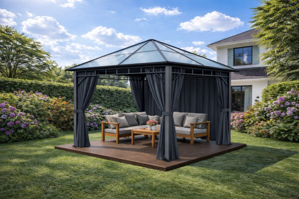 3x3m Garden Gazebo Polycarbonate roof Grey frame, with Grey curtain (2) 3x3m Garden Gazebo Polycarbonate roof Grey frame, with Grey curtain (2)
