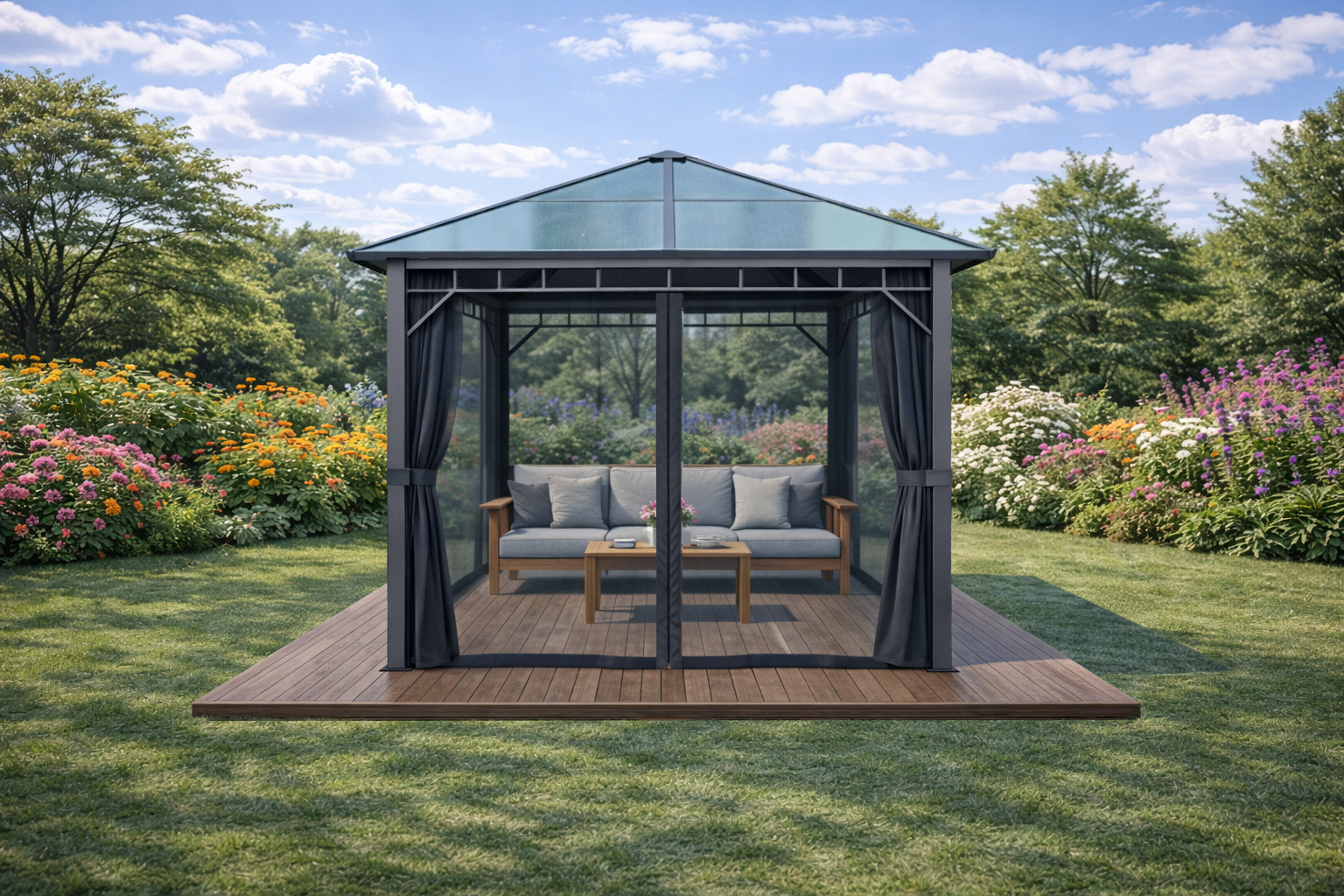 3x3m Garden Gazebo Polycarbonate roof Grey frame, with Grey curtain (3)