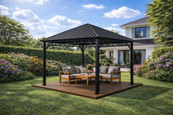3x3m Garden Gazebo Steel roof Black frame (2) 3x3m Garden Gazebo Steel roof Black frame (2)