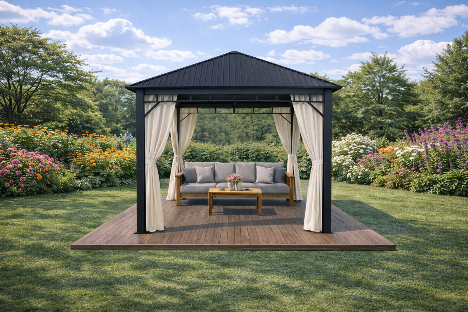 3x3m Garden Gazebo Steel roof Black frame, with Baige curtain (1) 3x3m Garden Gazebo Steel roof Black frame, with Baige curtain (1)