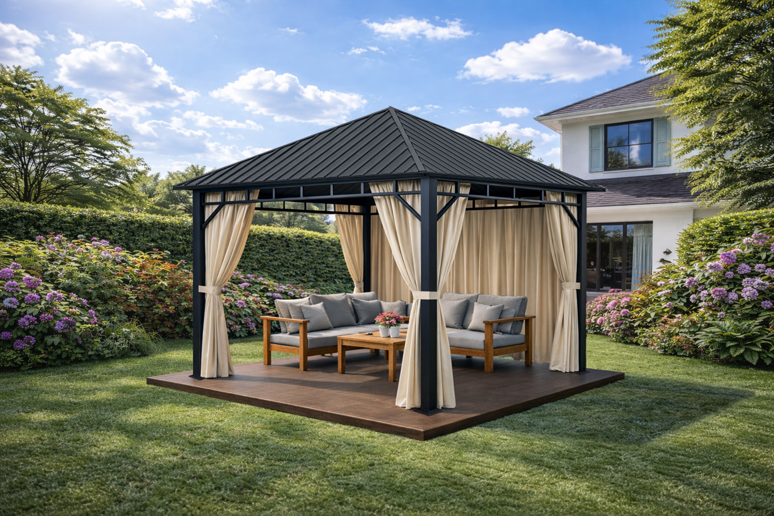 3x3m Garden Gazebo Steel roof Black frame, with Baige curtain (2) 3x3m Garden Gazebo Steel roof Black frame, with Baige curtain (2)