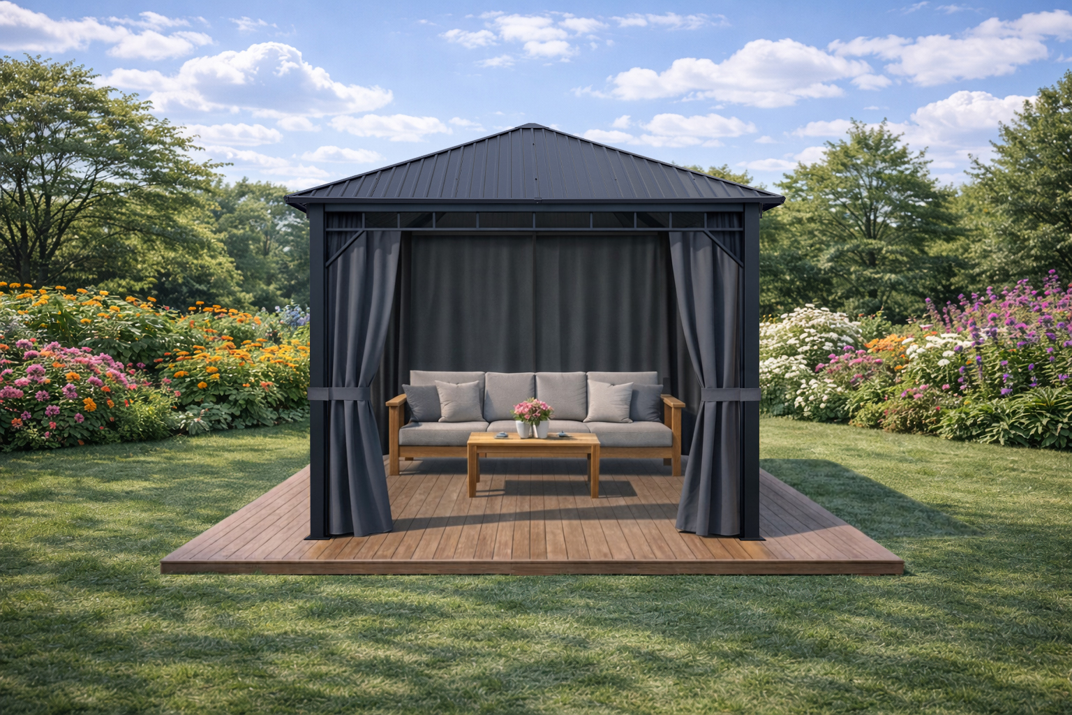 3x3m Garden Gazebo Steel roof Black frame, with Grey curtain (1) 3x3m Garden Gazebo Steel roof Black frame, with Grey curtain (1)