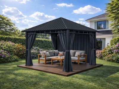 3x3m Garden Gazebo Steel Roof Black frame Grey curtain
