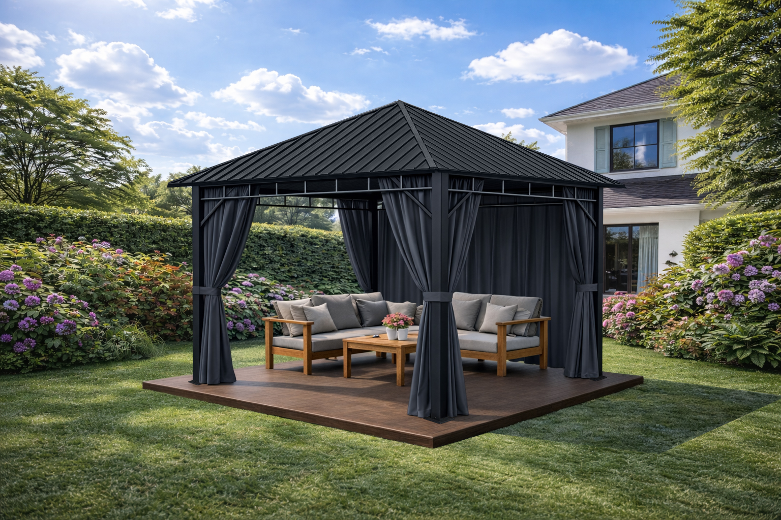 3x3m Garden Gazebo Steel roof Black frame, with Grey curtain (2) 3x3m Garden Gazebo Steel roof Black frame, with Grey curtain (2)