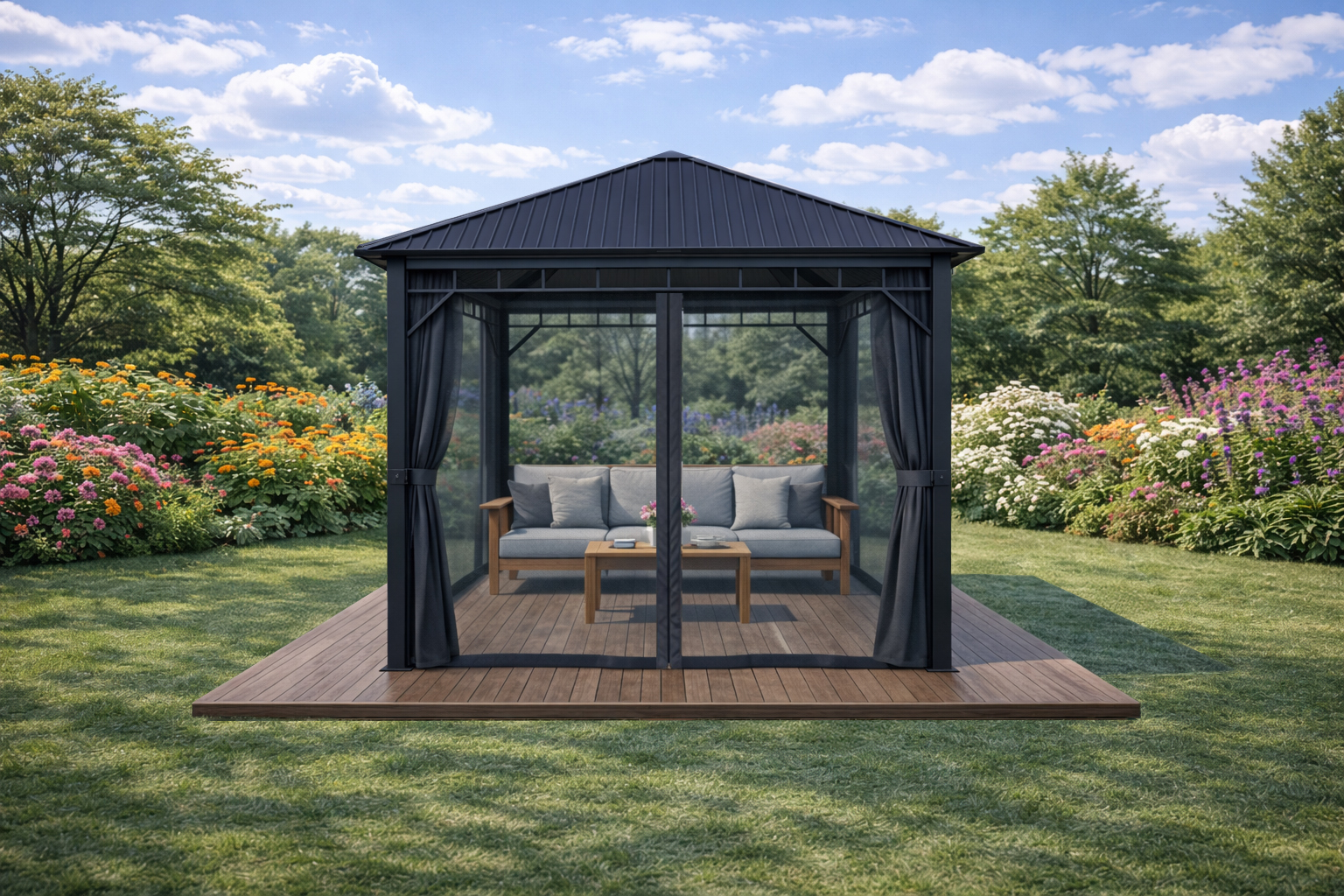 3x3m Garden Gazebo Steel roof Black frame, with Grey curtain (3) 3x3m Garden Gazebo Steel roof Black frame, with Grey curtain (3)