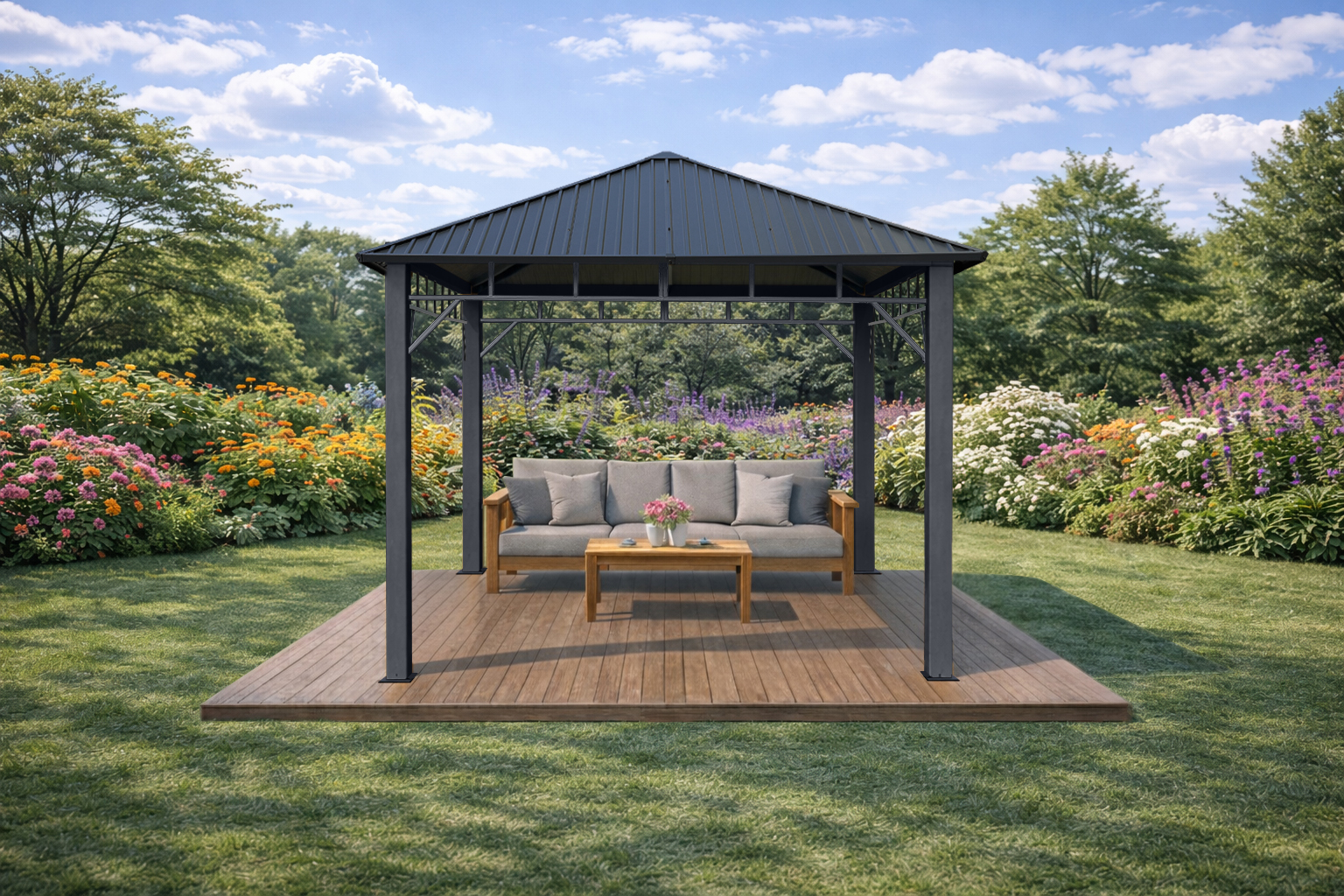 3x3m Garden Gazebo Steel roof Grey frame (1)