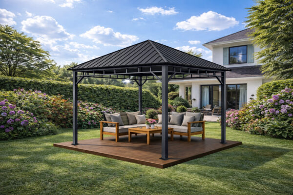 3x3m Garden Gazebo Steel roof Grey frame (2) 3x3m Garden Gazebo Steel roof Grey frame (2)