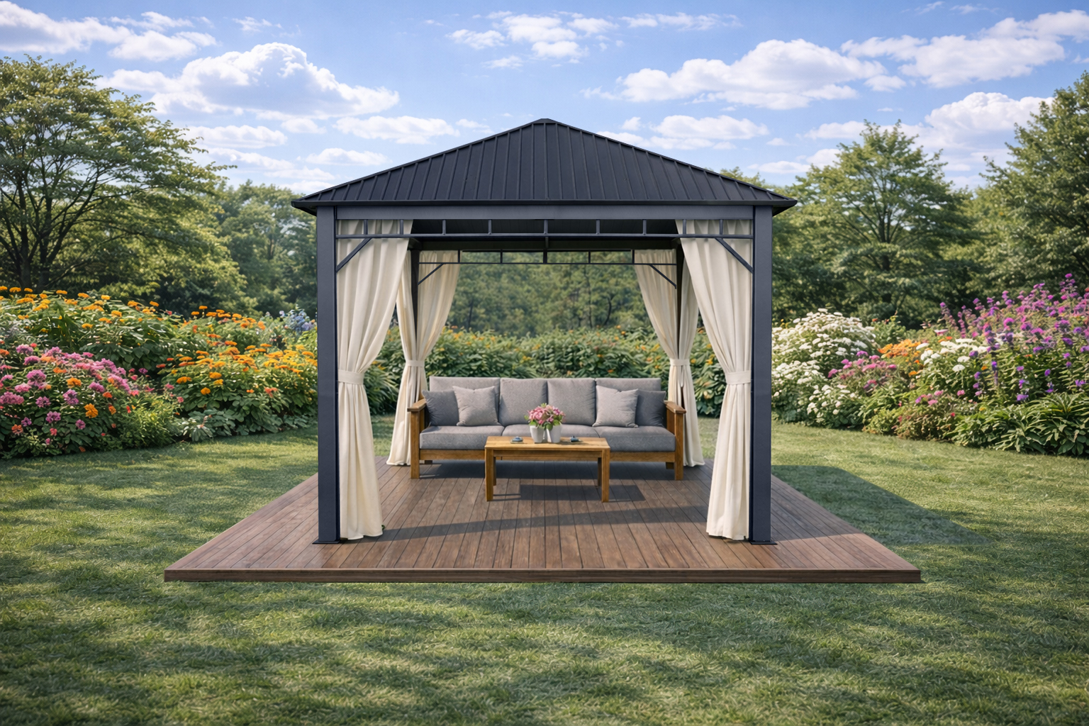 3x3m Garden Gazebo Steel roof Grey frame, with Baige curtain (1)