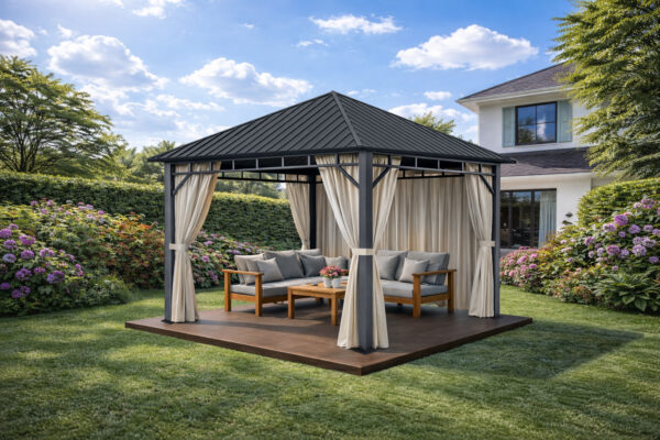 3x3m Garden Gazebo Steel roof Grey frame, with Baige curtain (2) 3x3m Garden Gazebo Steel roof Grey frame, with Baige curtain (2)