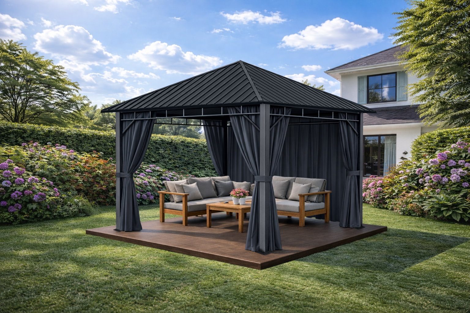 3x3m Garden Gazebo Steel roof Grey frame, with Grey curtain (2) 3x3m Garden Gazebo Steel roof Grey frame, with Grey curtain (2)