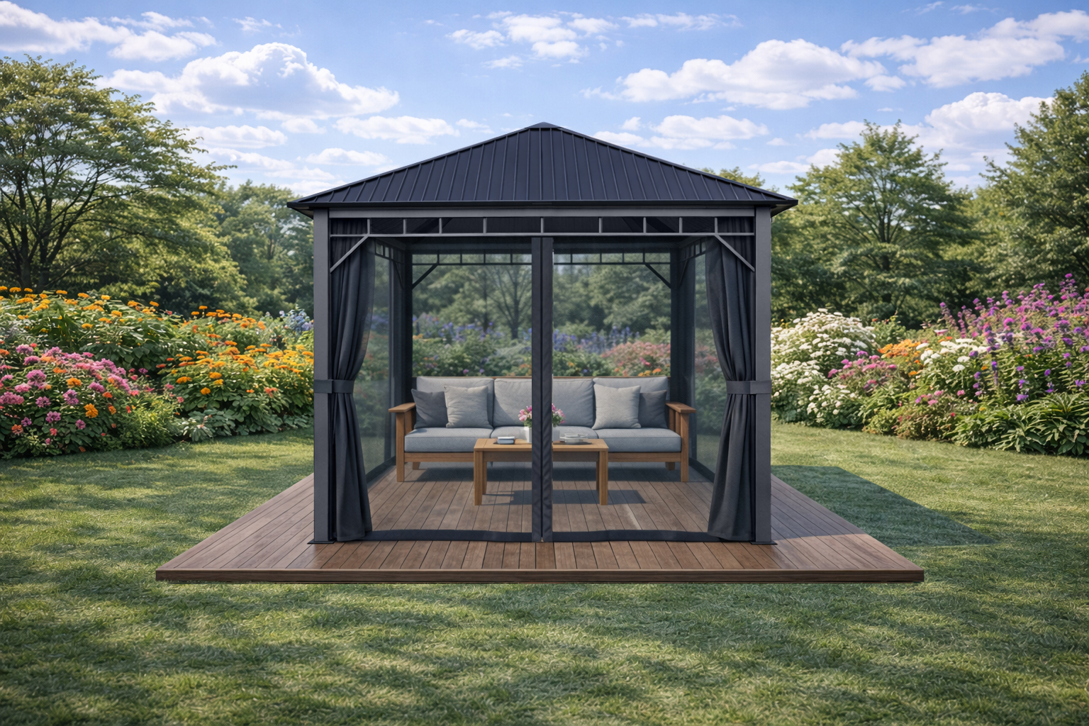 3x3m Garden Gazebo Steel roof Grey frame, with Grey curtain (3) 3x3m Garden Gazebo Steel roof Grey frame, with Grey curtain (3)