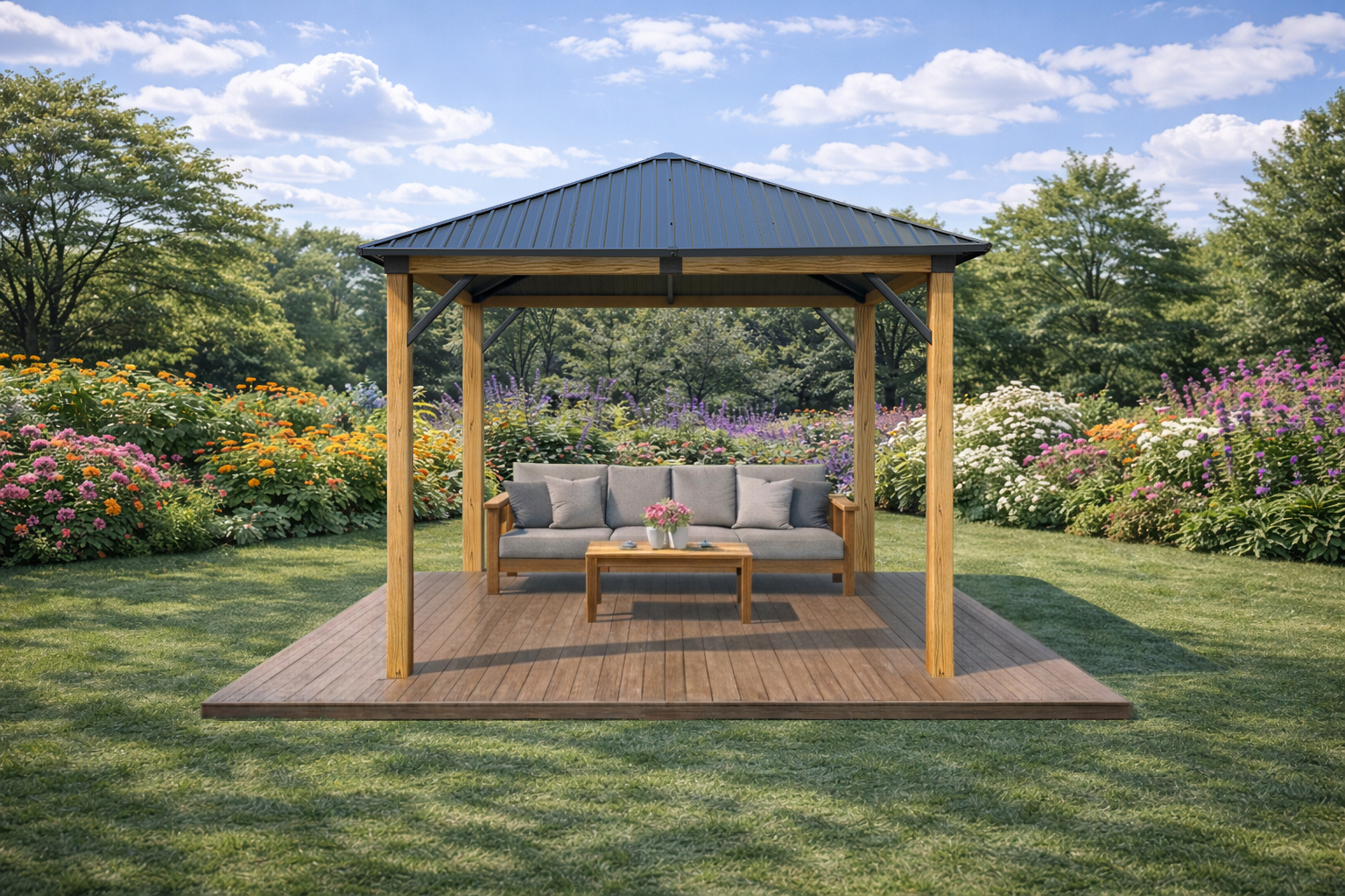 3x3m Garden Gazebo Steel roof Wood Effect frame (1)