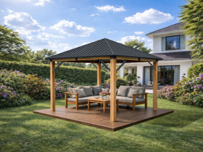 3x3m Garden Gazebo Steel Roof with a Wood Effect Frame
