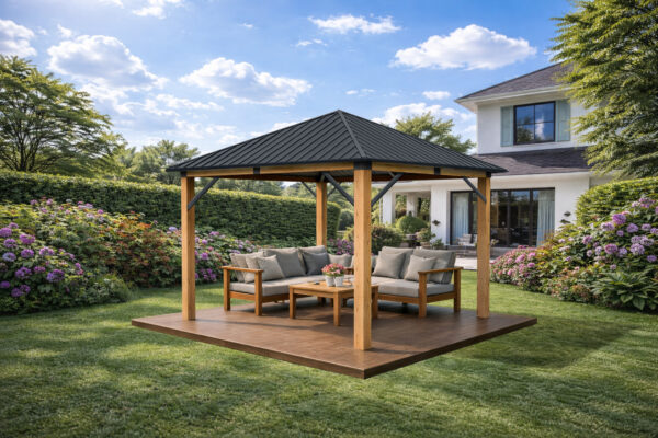 3x3m Garden Gazebo Steel roof Wood Effect frame (2) 3x3m Garden Gazebo Steel roof Wood Effect frame (2)