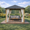 3x3m Garden Gazebo Steel roof Wood Effect frame, with Baige curtain (1) 3x3m Garden Gazebo Steel roof Wood Effect frame, with Baige curtain (1)