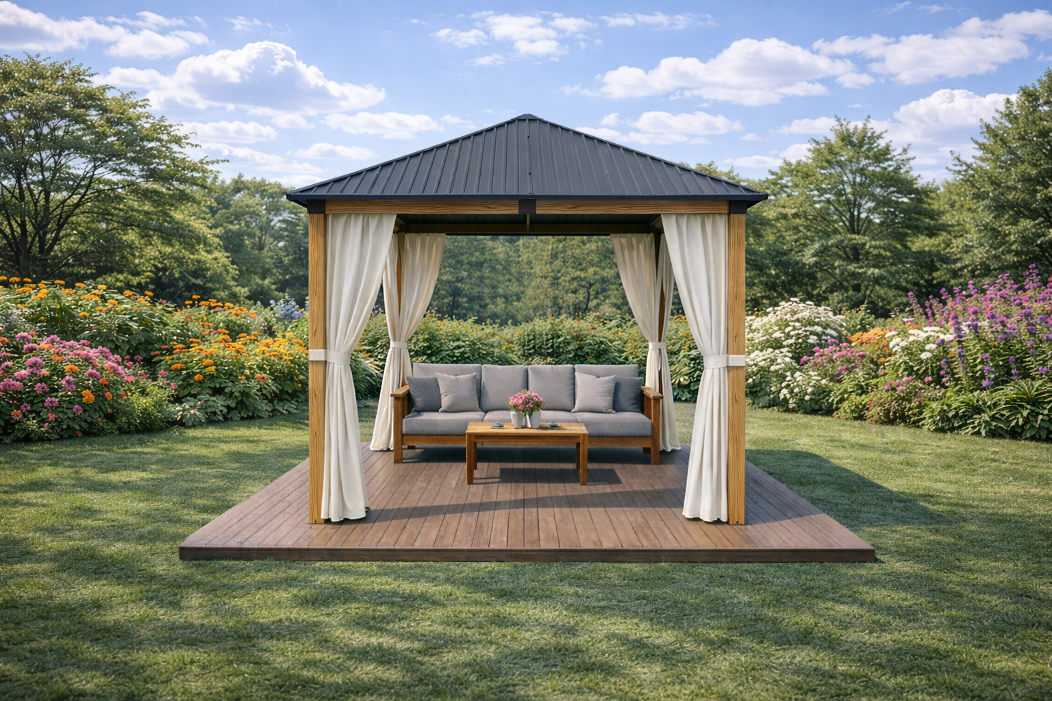 3x3m Garden Gazebo Steel roof Wood Effect frame, with Baige curtain (1) 3x3m Garden Gazebo Steel roof Wood Effect frame, with Baige curtain (1)
