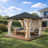 3x3m Garden Gazebo Steel roof Wood Effect frame, with Baige curtain (2) 3x3m Garden Gazebo Steel roof Wood Effect frame, with Baige curtain (2)