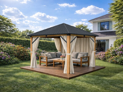 3x3m Garden Gazebo Steel Roof with a Wood Effect Frame and Beige Curtain