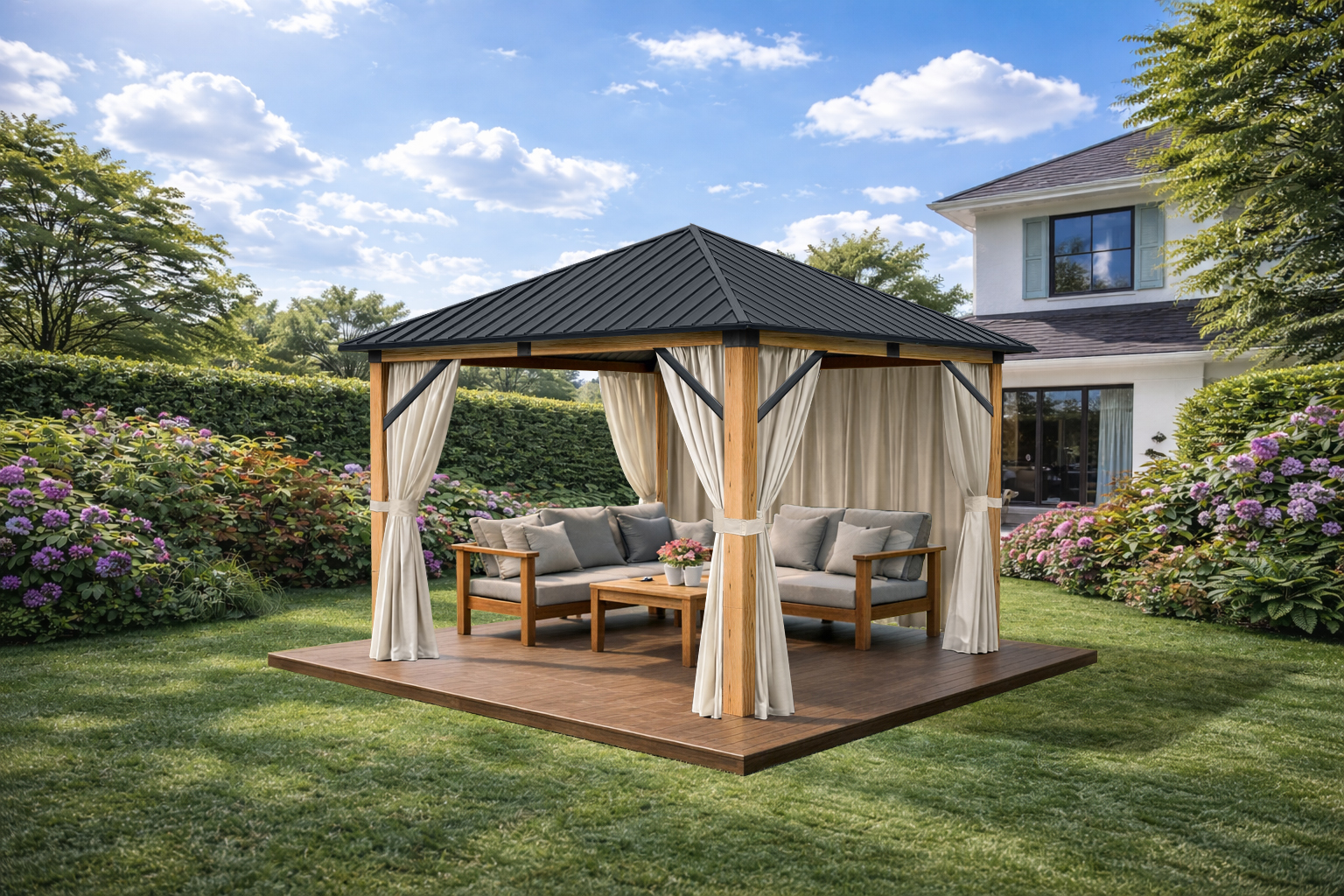 3x3m Garden Gazebo Steel roof Wood Effect frame, with Baige curtain (2) 3x3m Garden Gazebo Steel roof Wood Effect frame, with Baige curtain (2)