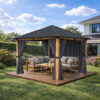 3x3m Garden Gazebo Steel roof Wood Effect frame, with Grey curtain – 2 3x3m Garden Gazebo Steel roof Wood Effect frame, with Grey curtain – 2