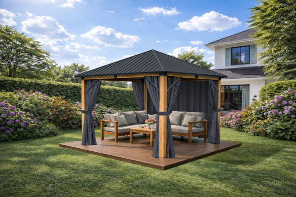 3x3m Garden Gazebo Steel roof Wood Effect frame, with Grey curtain – 2 3x3m Garden Gazebo Steel roof Wood Effect frame, with Grey curtain – 2