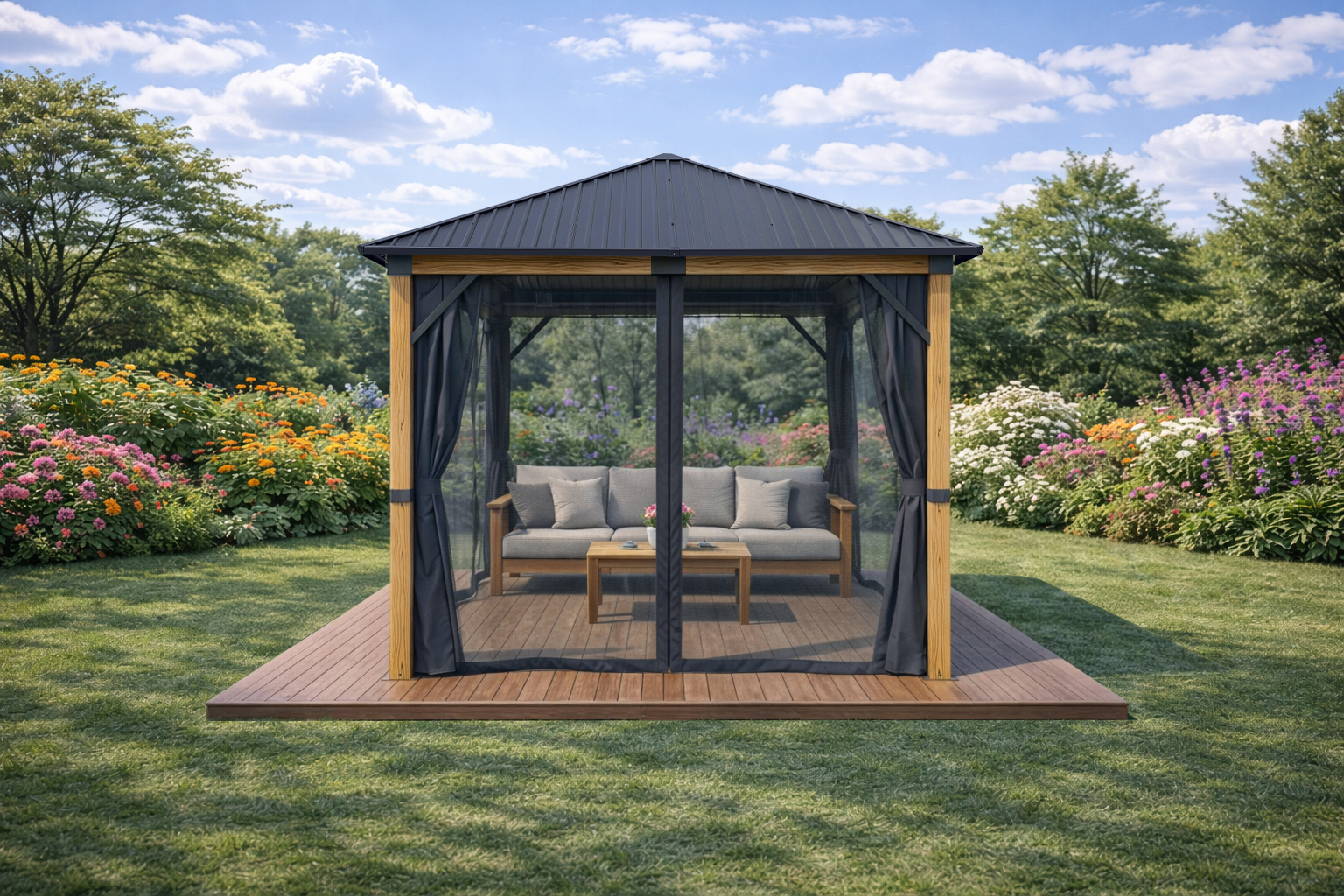 3x3m Garden Gazebo Steel roof Wood Effect frame, with Grey curtain-3 3x3m Garden Gazebo Steel roof Wood Effect frame, with Grey curtain-3