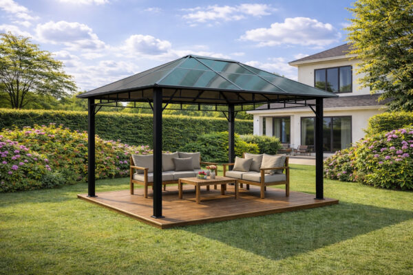 3x4m Garden Gazebo Polycarbonate roof Black frame (2) 3x4m Garden Gazebo Polycarbonate roof Black frame (2)