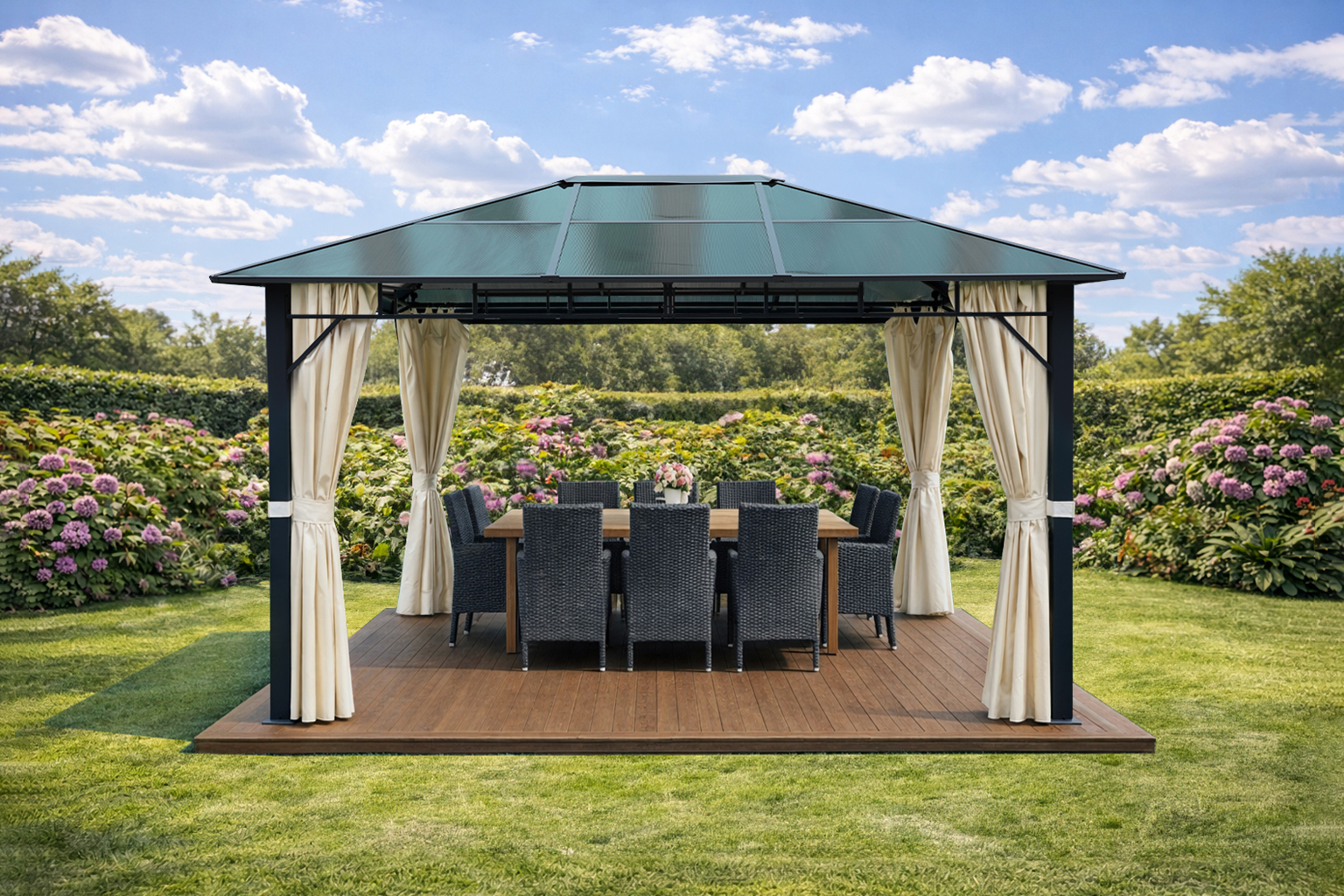 3x4m Garden Gazebo Polycarbonate roof Black frame, with Beige curtain (1) 3x4m Garden Gazebo Polycarbonate roof Black frame, with Beige curtain (1)