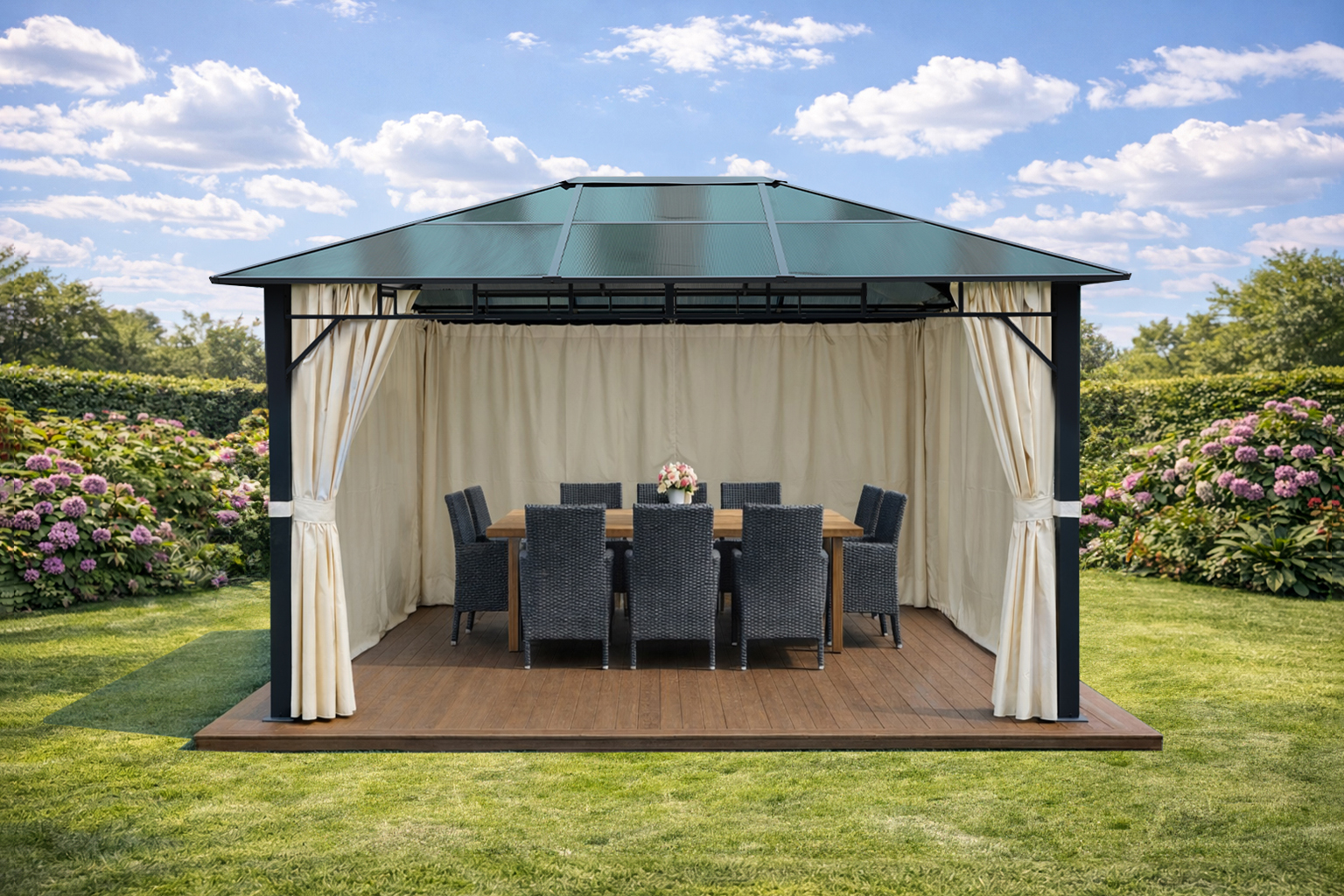 3x4m Garden Gazebo Polycarbonate roof Black frame, with Beige curtain (2) 3x4m Garden Gazebo Polycarbonate roof Black frame, with Beige curtain (2)