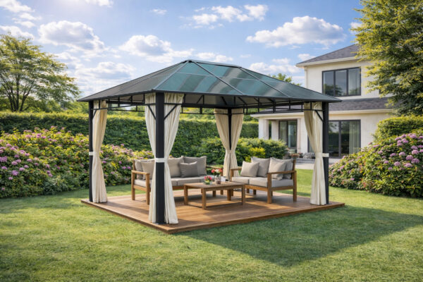 3x4m Garden Gazebo Polycarbonate roof Black frame, with Beige curtain (3)