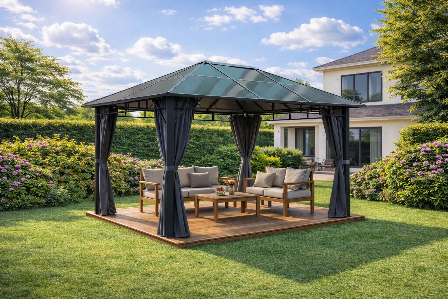 3x4m Garden Gazebo Polycarbonate roof Black frame, with Grey curtain (1) 3x4m Garden Gazebo Polycarbonate roof Black frame, with Grey curtain (1)