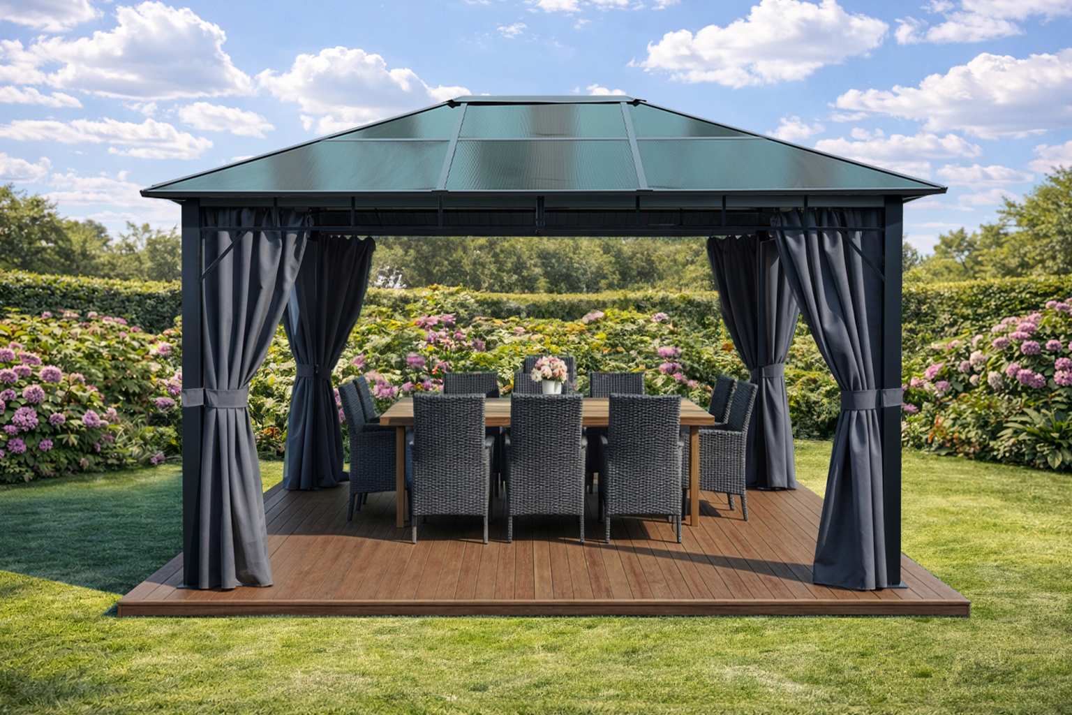 3x4m Garden Gazebo Polycarbonate roof Black frame, with Grey curtain (2) 3x4m Garden Gazebo Polycarbonate roof Black frame, with Grey curtain (2)
