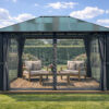 3x4m Garden Gazebo Polycarbonate roof Black frame, with Grey curtain (3) 3x4m Garden Gazebo Polycarbonate roof Black frame, with Grey curtain (3)