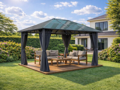 3x4m Garden Gazebo Polycarbonate Roof Grey frame Grey curtain
