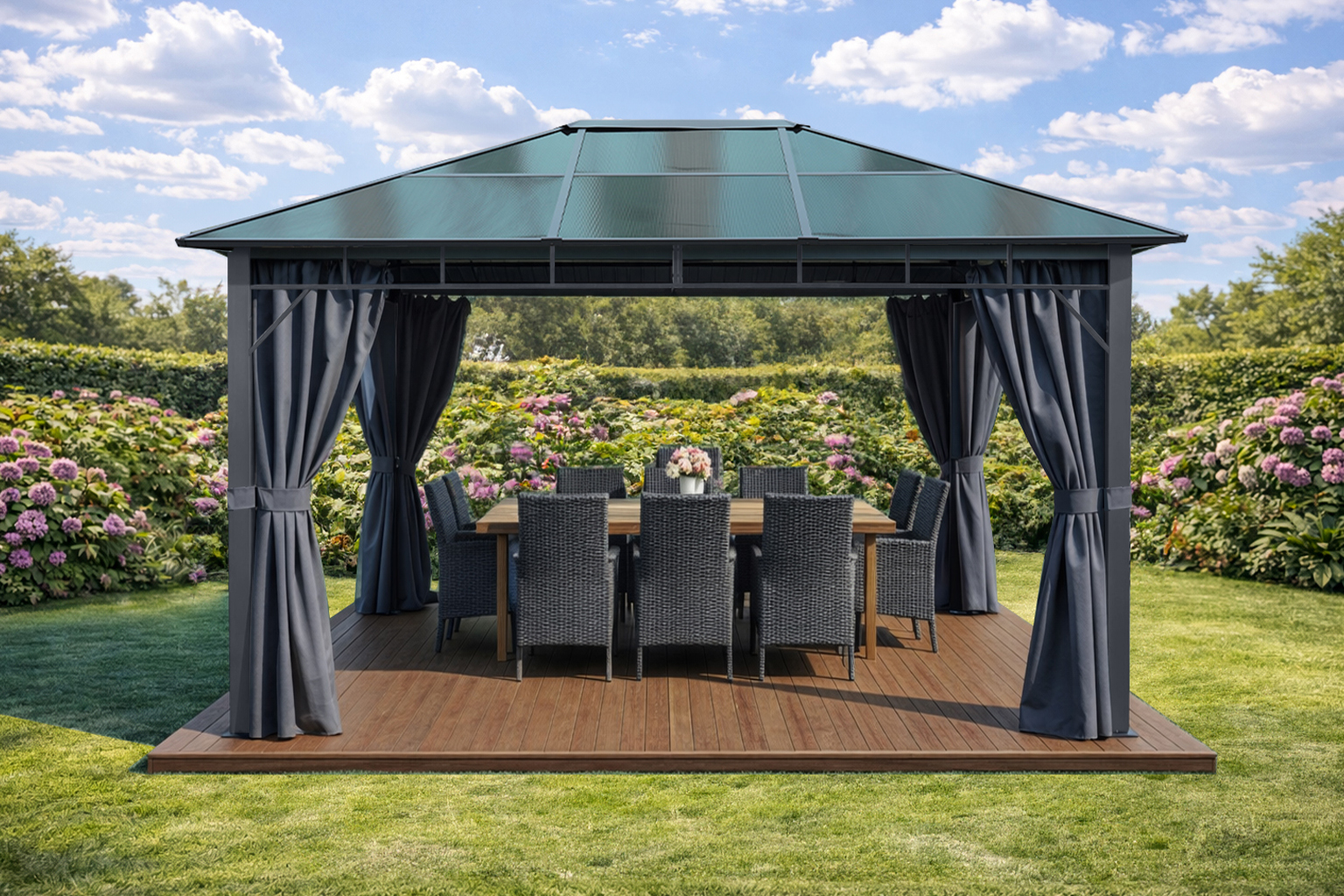 3x4m Garden Gazebo Polycarbonate roof Grey frame, with Grey curtain (2)