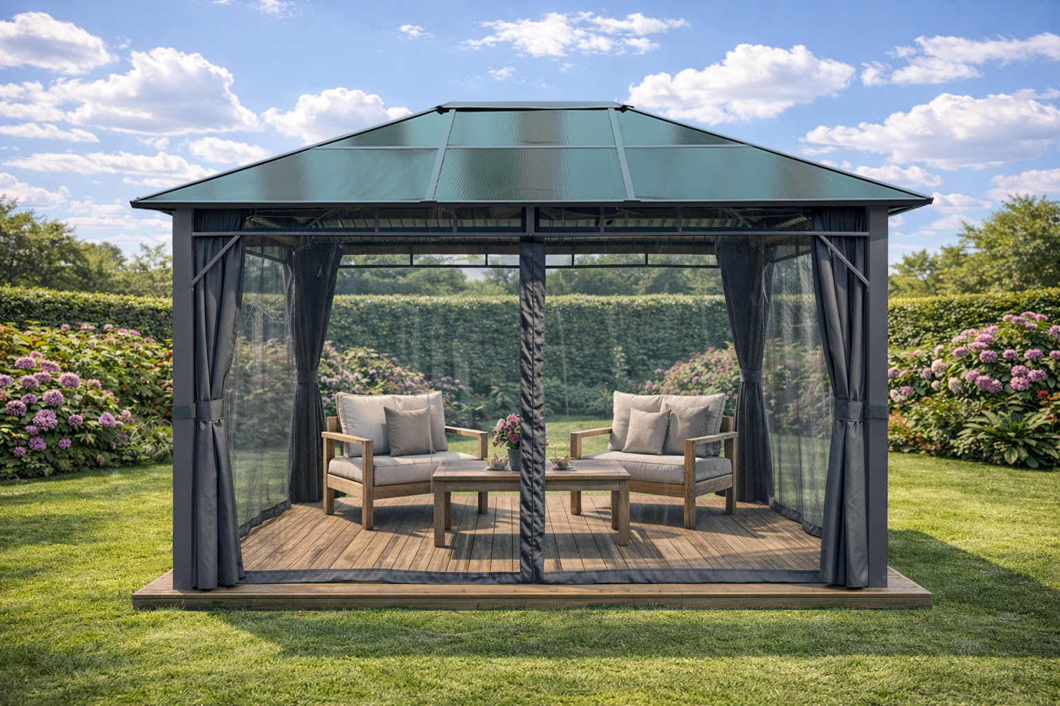 3x4m Garden Gazebo Polycarbonate roof Grey frame, with Grey curtain (3)