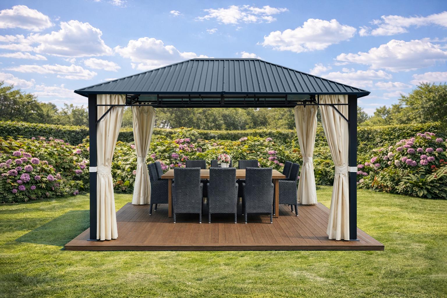 3x4m Garden Gazebo Steel roof Black frame, with Beige curtain (1) 3x4m Garden Gazebo Steel roof Black frame, with Beige curtain (1)