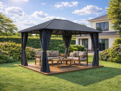 3x4m Garden Gazebo Steel Roof with a Black Frame and Grey Curtain