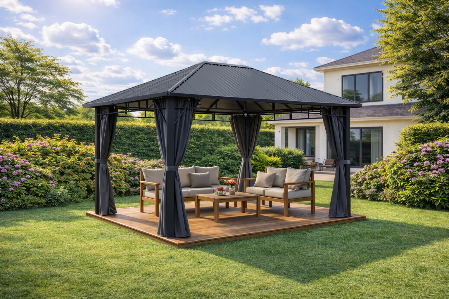 3x4m Garden Gazebo Steel roof Black frame, with Grey curtain (1) 3x4m Garden Gazebo Steel roof Black frame, with Grey curtain (1)